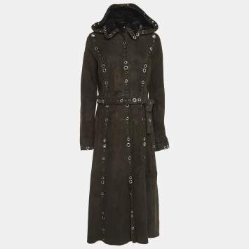 Pre Owned Dolce & Gabbana Brown Suede and Fur Grommet Detail Hooded Trench Coat S