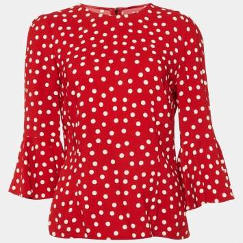 Pre Owned Dolce & Gabbana Red Polka Dotted Crepe Flounced Sleeve Blouse M