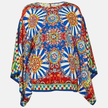 مملوكة مسبقًا Dolce & Gabbana Multicolor Carretto Siciliano Print Silk Flared Sleeve Blouse M