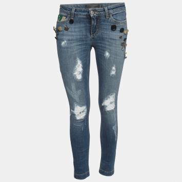 Pre Owned Dolce & Gabbana Blue Distressed Denim Button Embellished Skinny Jeans S Waist 28''