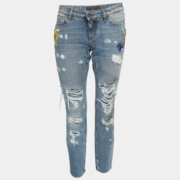 Pre Owned Dolce & Gabbana Blue Ripped Denim Sequin Applique Jeans M Waist 32'' 