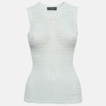Pre Owned Dolce & Gabbana White Patterned Knit Sleeveless Top S