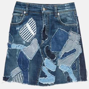 Pre Owned Dolce & Gabbana Blue Ripped Denim Applique Detail Mini Skirt S