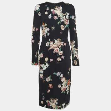 Pre Owned Dolce & Gabbana Dark Blue Floral Print Crepe Fitted Midi Dress M