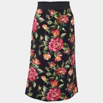 Pre Owned Dolce & Gabbana Black Floral Print Crepe Pencil Skirt L