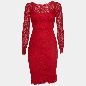 Pre Owned Dolce & Gabbana Red Floral Pattern Lace Long Sleeve Midi Dress XS
