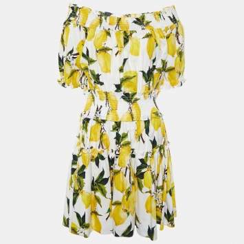 Pre Owned Dolce & Gabbana Yellow Lemon Print Cotton Off-Shoulder Dress XL