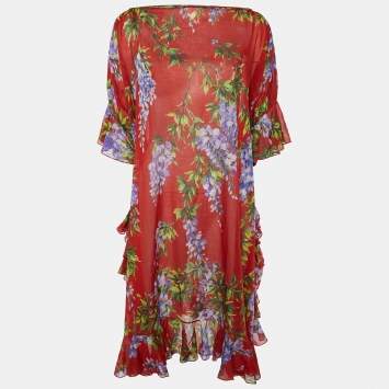 Pre Owned Dolce & Gabbana Red Floral Print Cotton Kaftan Cover Up M