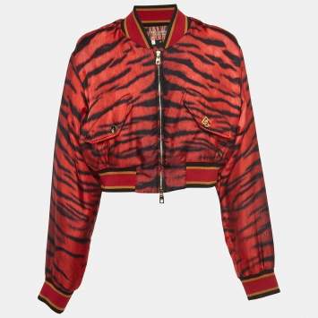 Pre Owned Dolce & Gabbana Red Tiger Print Silk Cropped Bomber Jacket M