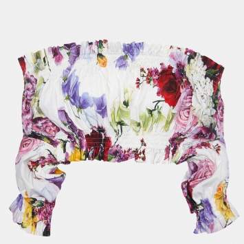 Pre Owned Dolce & Gabbana White Floral Print Cotton Off-The-Shoulder Crop Top S