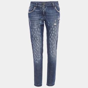 Pre Owned Dolce & Gabbana Blue Faded Denim Embellished Distressed Jeans M Waist 32"