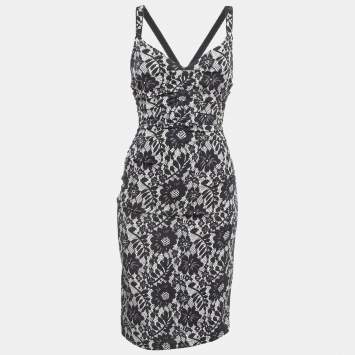 Pre Owned Dolce & Gabbana Black Lace Print Jersey Ruched Midi Dress S