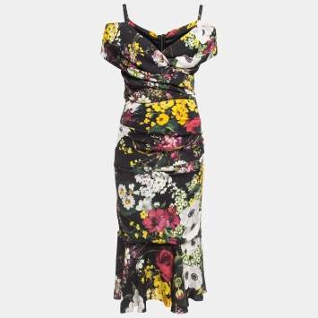 Pre Owned Dolce & Gabbana Black Floral Print Silk Cold Shoulder Ruched Midi Dress M