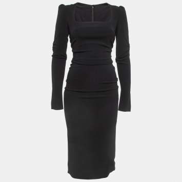 Pre Owned Dolce & Gabbana Black Ruched Jersey Long Sleeve Mid Dresses S