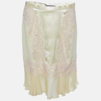Pre Owned Dolce & Gabbana Yellow Silk Lace Trim Flounced Skirt M