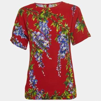 Pre Owned Dolce & Gabbana Red Floral Print Crepe Short Sleeve Blouse S