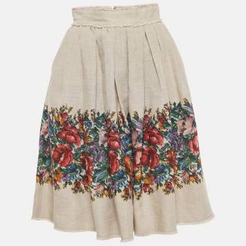 Pre Owned Dolce & Gabbana Brown Floral Print Linen Gathered Midi Skirt S
