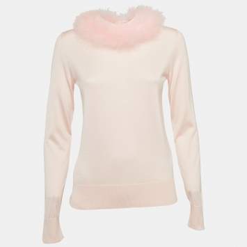 Pre Owned Dolce & Gabbana Powder Pink Feather Trimmed Silk Knit Long Sleeve Jumper S