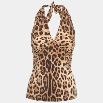 Pre Owned Dolce & Gabbana Brown Leopard Print Silk Tie-Up Halter Neck Top S