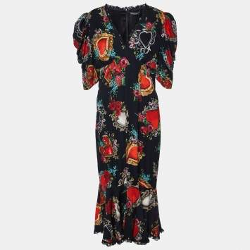 Pre Owned Dolce & Gabbana Black Scared Heart Print Silk Lace Trim Midi Dress XL