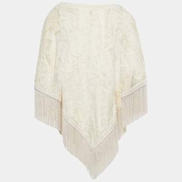 Pre Owned Dolce & Gabbana Off White Tassel Trim Shearling Poncho S