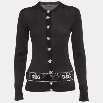 Pre Owned Dolce & Gabbana Black Logo Sequin Knit Rose Metal Buttoned Cardigan S