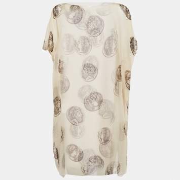 Pre Owned Dolce & Gabbana Cream Coin Print Silk Semi Sheer Kaftan Dress S
