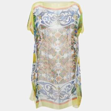 Pre Owned Dolce & Gabbana Multicolor Majolica Print Silk Semi Sheer Cover Up Kaftan Dress S