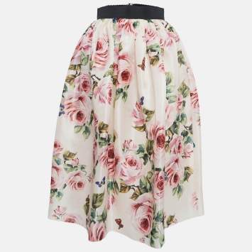 Pre Owned Dolce & Gabbana Pink Rose Print Silk Gathered Midi Skirt S