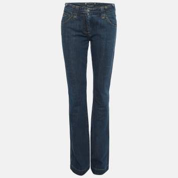 Pre Owned Dolce & Gabbana Blue Logo Leather Trim Denim Straight Leg Jeans M Waist 30''