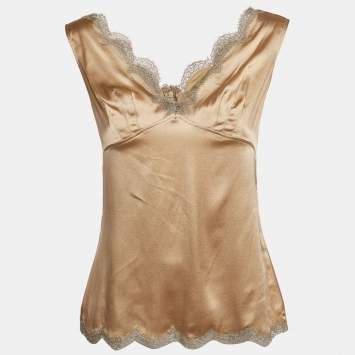 مملوكة مسبقًا Dolce & Gabbana Brown Silk Satin Scalloped Lace Detail Camisole XL