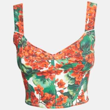 Pre Owned Dolce & Gabbana Red Floral Print Crepe Sleeveless Corset Crop Top XS