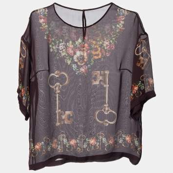 Pre Owned Dolce & Gabbana Deep Maroon Floral Key Print Silk Sheer Blouse S