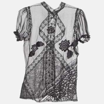 Pre Owned Dolce & Gabbana Black Lace Trim Silk Applique Detail Sheer Top M