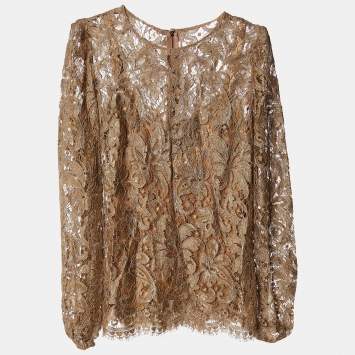 Pre Owned Dolce & Gabbana Ochre Lace Long Sleeve Blouse S
