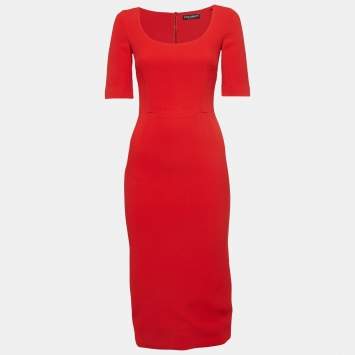 Pre Owned Dolce & Gabbana Red Stretch Crepe Scoop Neck Candy Midi Dress S