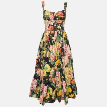 Pre Owned Dolce & Gabbana Multicolor Floral Printed Cotton Flounce Midi Dress S