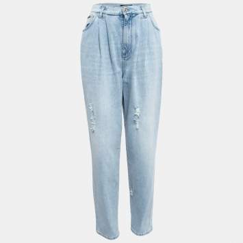 Pre Owned Dolce & Gabbana Light Blue Ripped Denim Pleated Jeans M Waist 28"