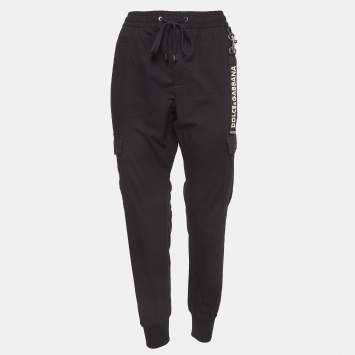 Pre Owned Dolce & Gabbana Black Cotton Cargo Drawstring Jog Pants L