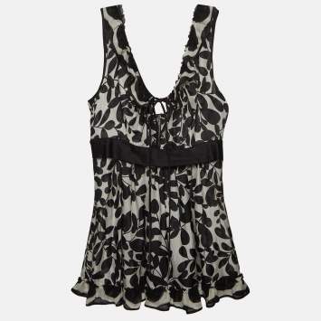 Pre Owned Dolce & Gabbana Monochrome Leaf Print Silk Ruffled Top M