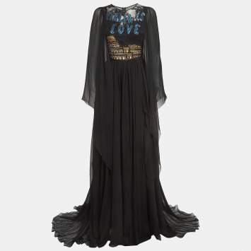 Pre Owned Dolce & Gabbana Black Sequin Embellished Lace Trim Silk Flared Sleeve Gown S