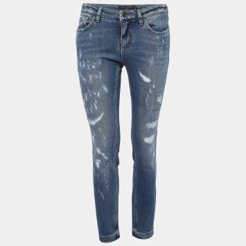 Pre Owned Dolce & Gabbana Blue Distressed Denim Pretty Jeans S Waist 28