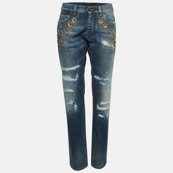 Pre Owned Dolce & Gabbana Navy Blue Ripped Denim Crystal Embellished Jeans L Waist 33"