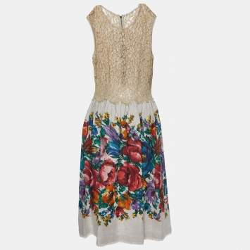 Pre Owned Dolce & Gabbana Beige Floral Print Linen & Lace Sleeveless Dress M
