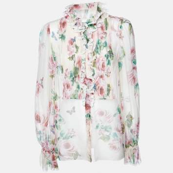 Pre Owned Dolce & Gabbana Pink Floral Print Silk Sheer Blouse M