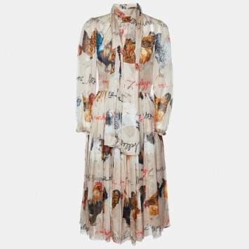 Pre Owned Dolce & Gabbana Beige Hen Print Silk Midi Dress S