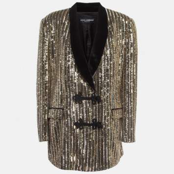 Pre Owned Dolce & Gabbana Gold Sequin Toggle Up Blazer M