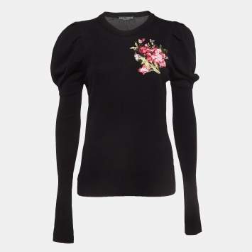 Pre Owned Dolce & Gabbana Black Floral Embroidered Wool Sweater M