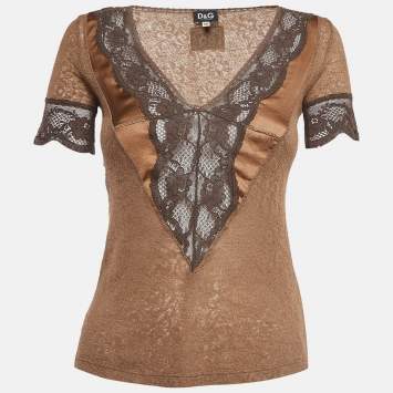 Pre Owned Dolce & Gabbana Brown Lace V Neck Top XS