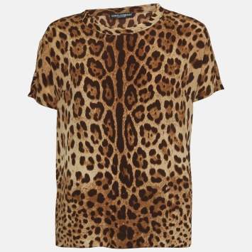 Pre Owned Dolce & Gabbana Brown Leopard Print Silk T-Shirt M